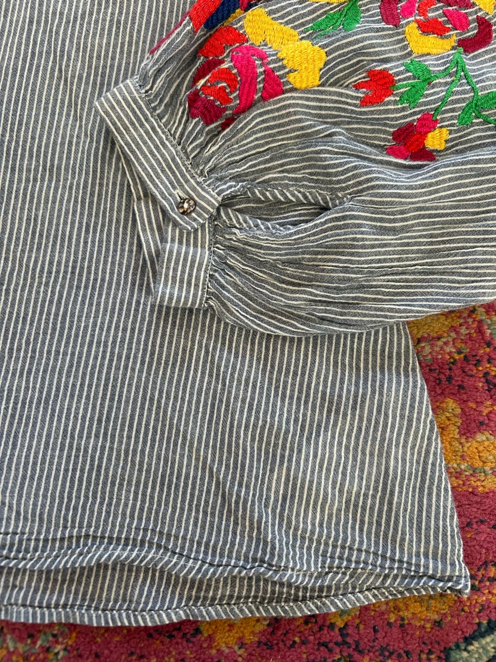 Anthropologie Floreat | Womens Blue/White Striped VNeck Embroidered Sleeve Top L - Picture 10 of 16